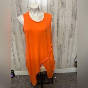 Rouge Collection Neon Orange Asymmetrical Sleeveless Tunic Top 1X